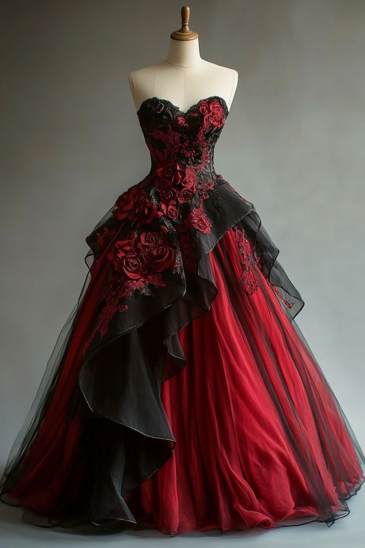 Stunning A Line Ball Gown Red And Black Long Prom Gown Evening Dress fg7391