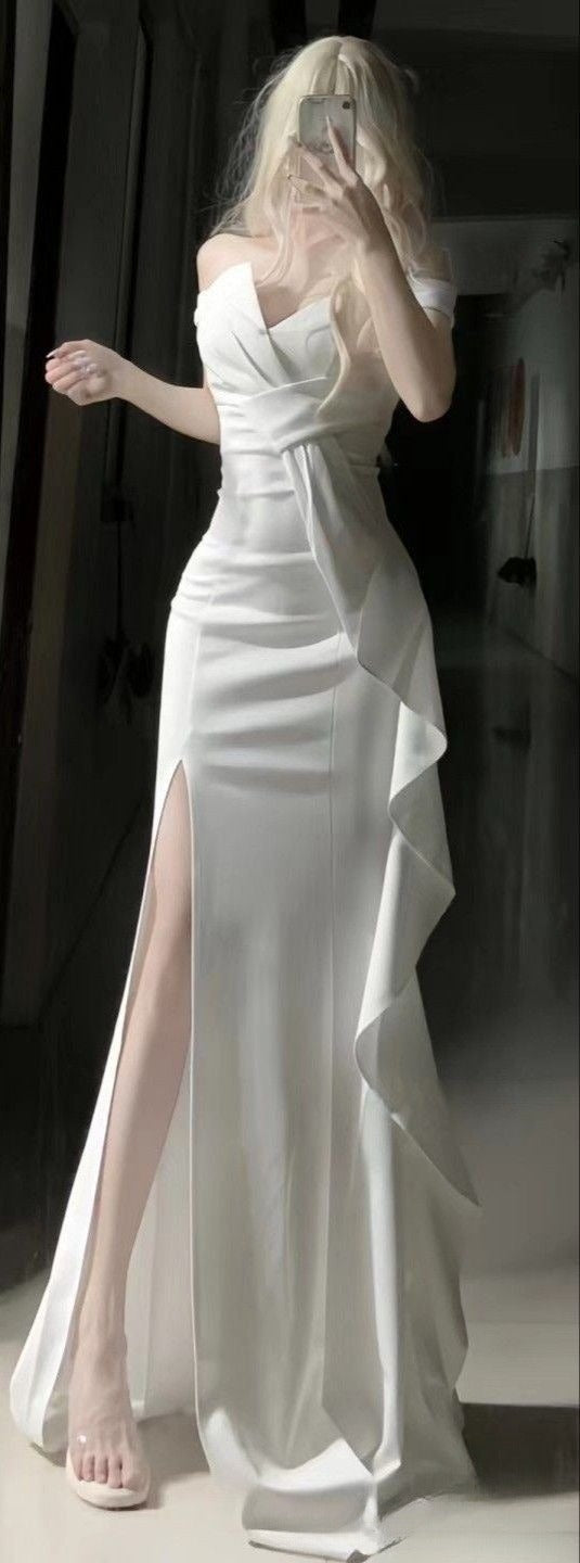 White Off Shoulder Long Prom Gown Evening Dress fg7392