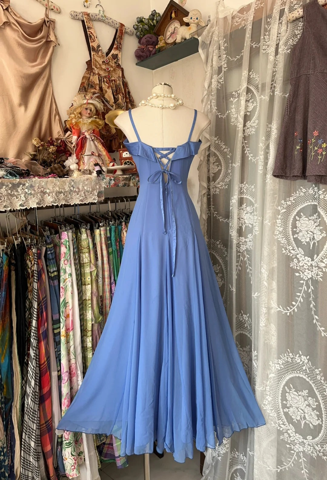 Blue Spaghetti Straps Ankle Length Prom Dress Sleeveless Evening Party Dress fg7382