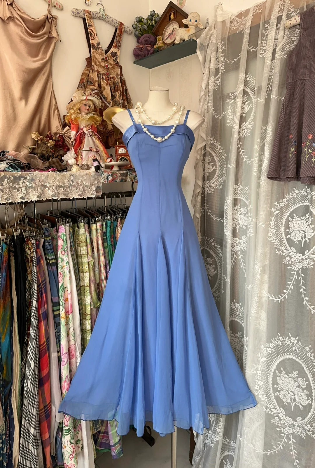 Blue Spaghetti Straps Ankle Length Prom Dress Sleeveless Evening Party Dress fg7382