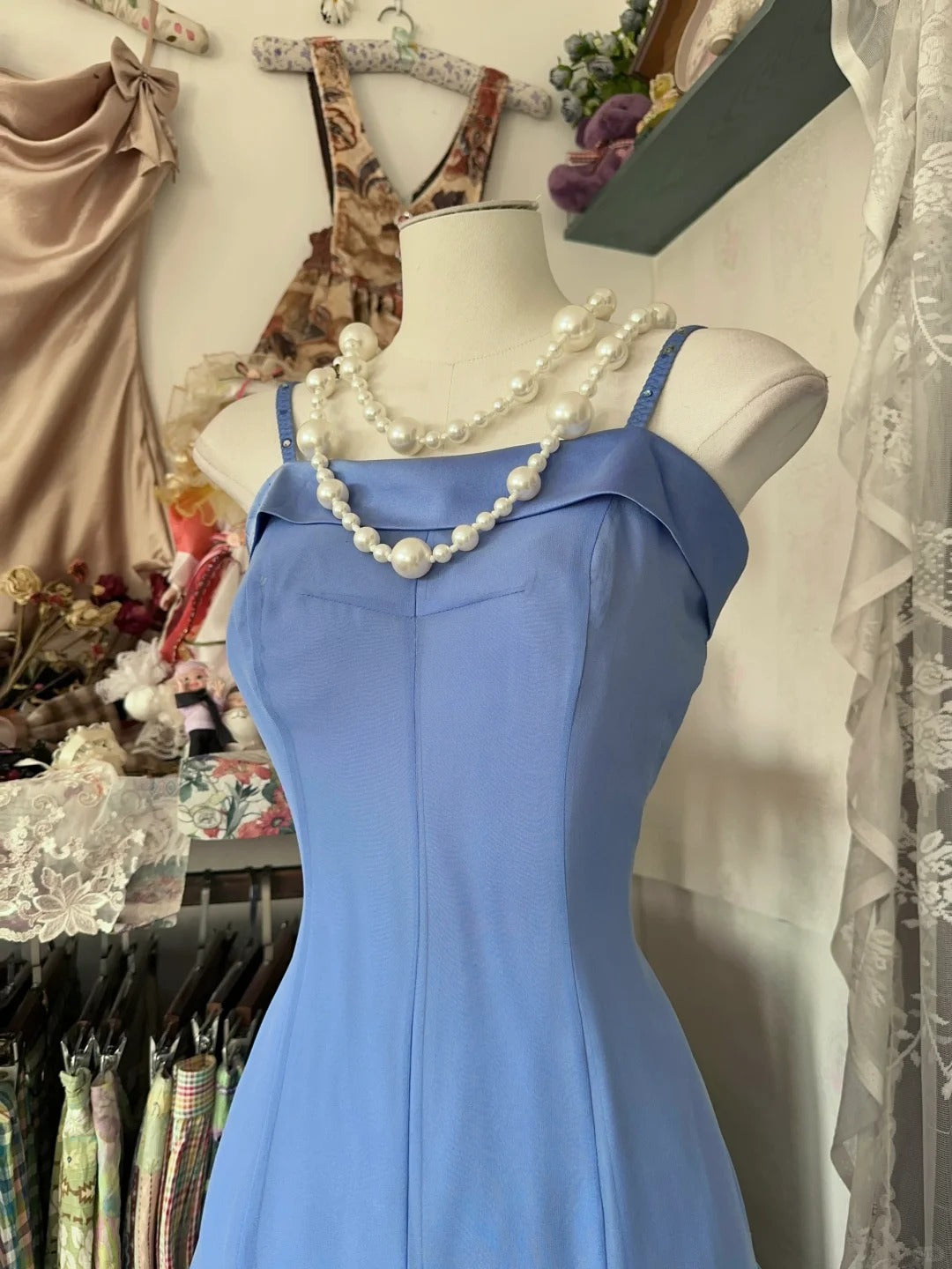 Blue Spaghetti Straps Ankle Length Prom Dress Sleeveless Evening Party Dress fg7382