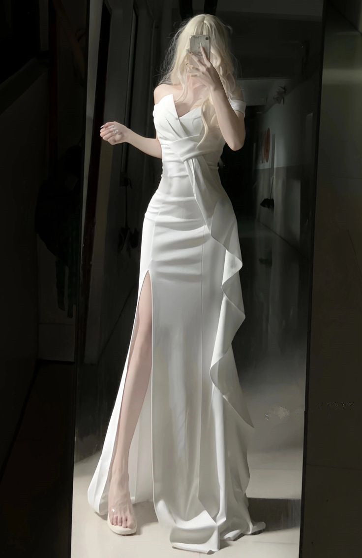 White Off Shoulder Long Prom Gown Evening Dress fg7392