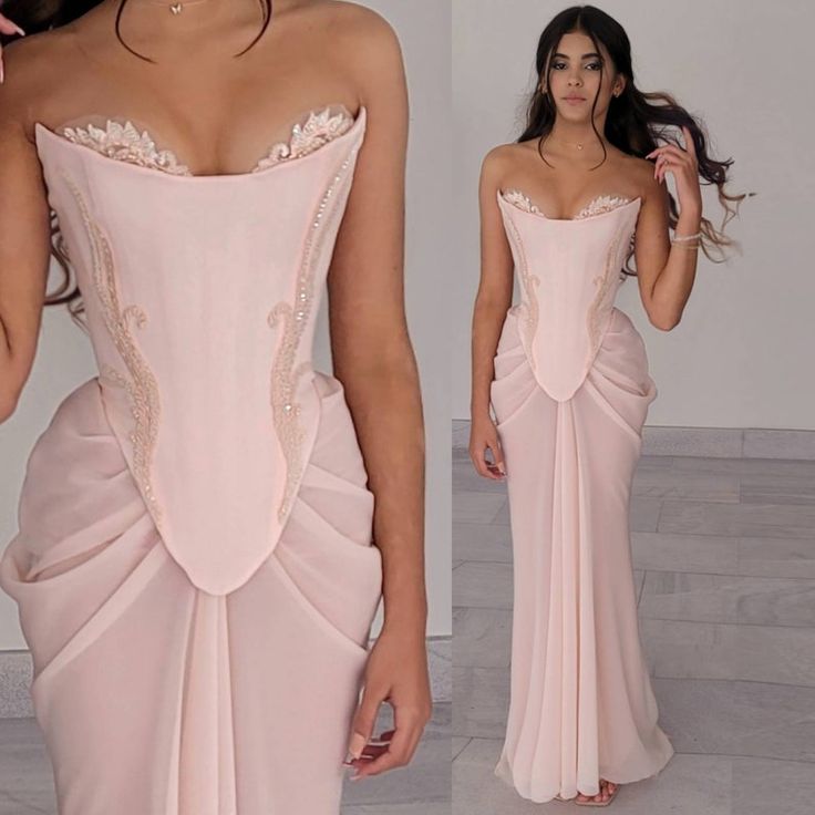 Pink vintage elegant beaded chiffon evening dress fg7371