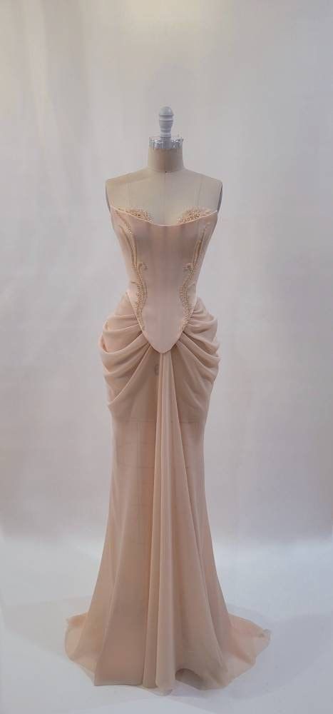 Pink vintage elegant beaded chiffon evening dress fg7371