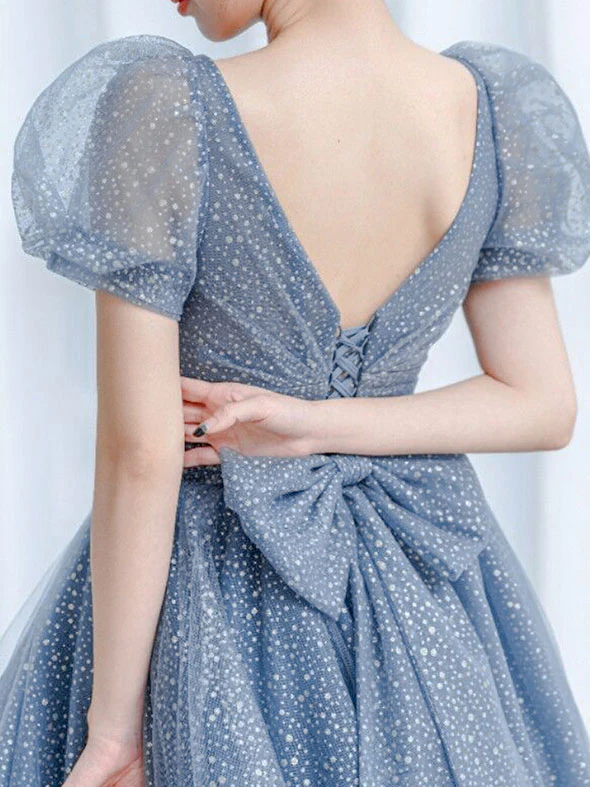 Blue Tulle V Neck Tulle Long Prom Dress, Blue Sweet 16 Dress fg6785