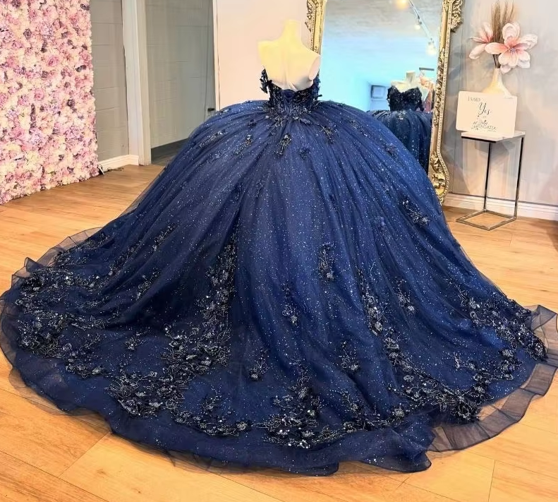 Navy Blue Mexican Quinceanera Dress Floral Applique Beaded Crystal Corset Sweet 16 Dress fg6806