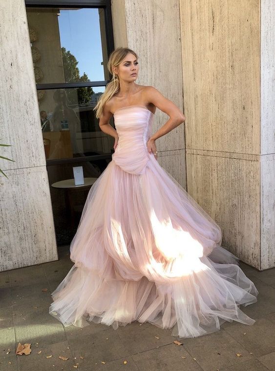 Light pink tulle long prom dress, pink tulle formal dress fg1020