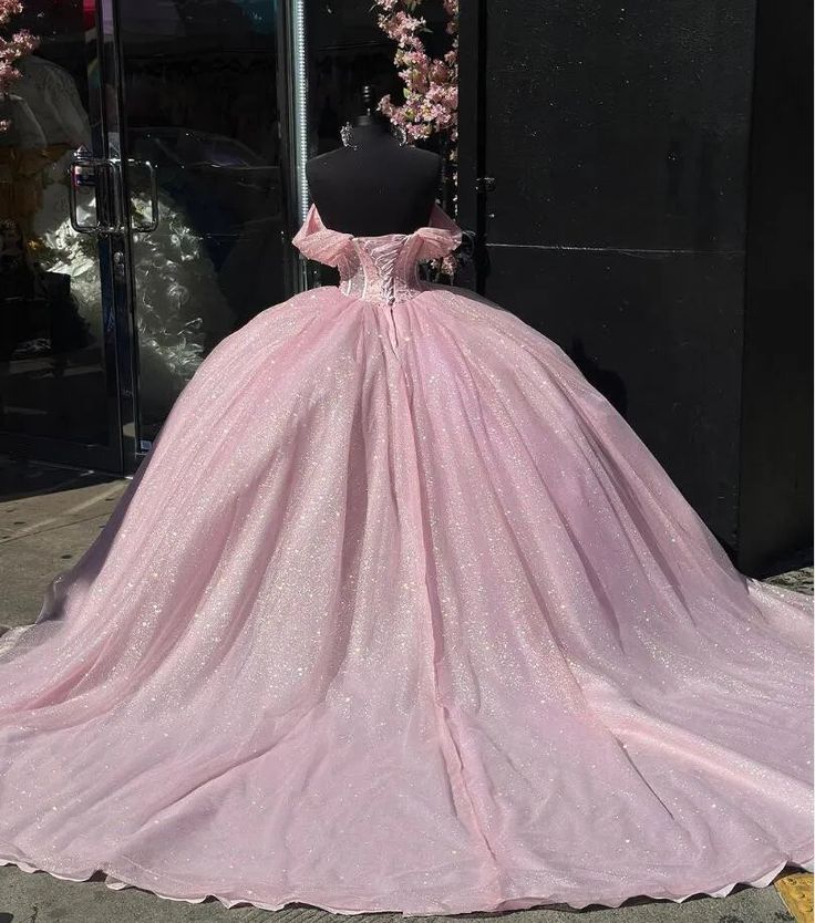 A-line Off The Shoulder Tulle Prom Dress Baby pink quince dress Ball Gowns fg5244