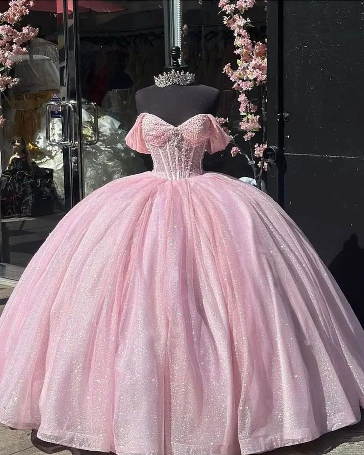 A-line Off The Shoulder Tulle Prom Dress Baby pink quince dress Ball Gowns fg5244