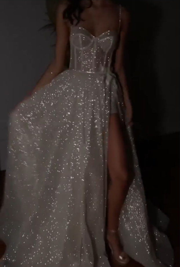 A Line Spaghetti Straps Sparkly Bohemian Wedding Dress fg3982