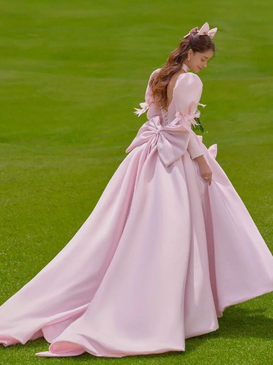 A line Long Sleeves Pink Satin Long Prom Dress Party Dresses fg6696