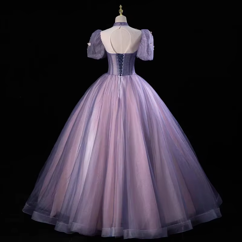 Purple Tulle Puff Sleeve Appliques Quinceanera Dress Evening Dress fg6750
