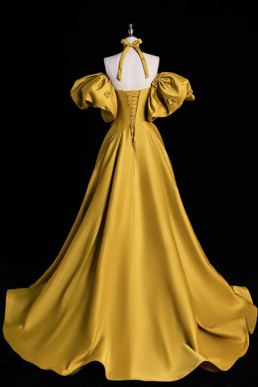 Yellow Satin Lace Long Prom Dress, Beautiful A-Line Off the Shoulder Evening Party Dress fg6755