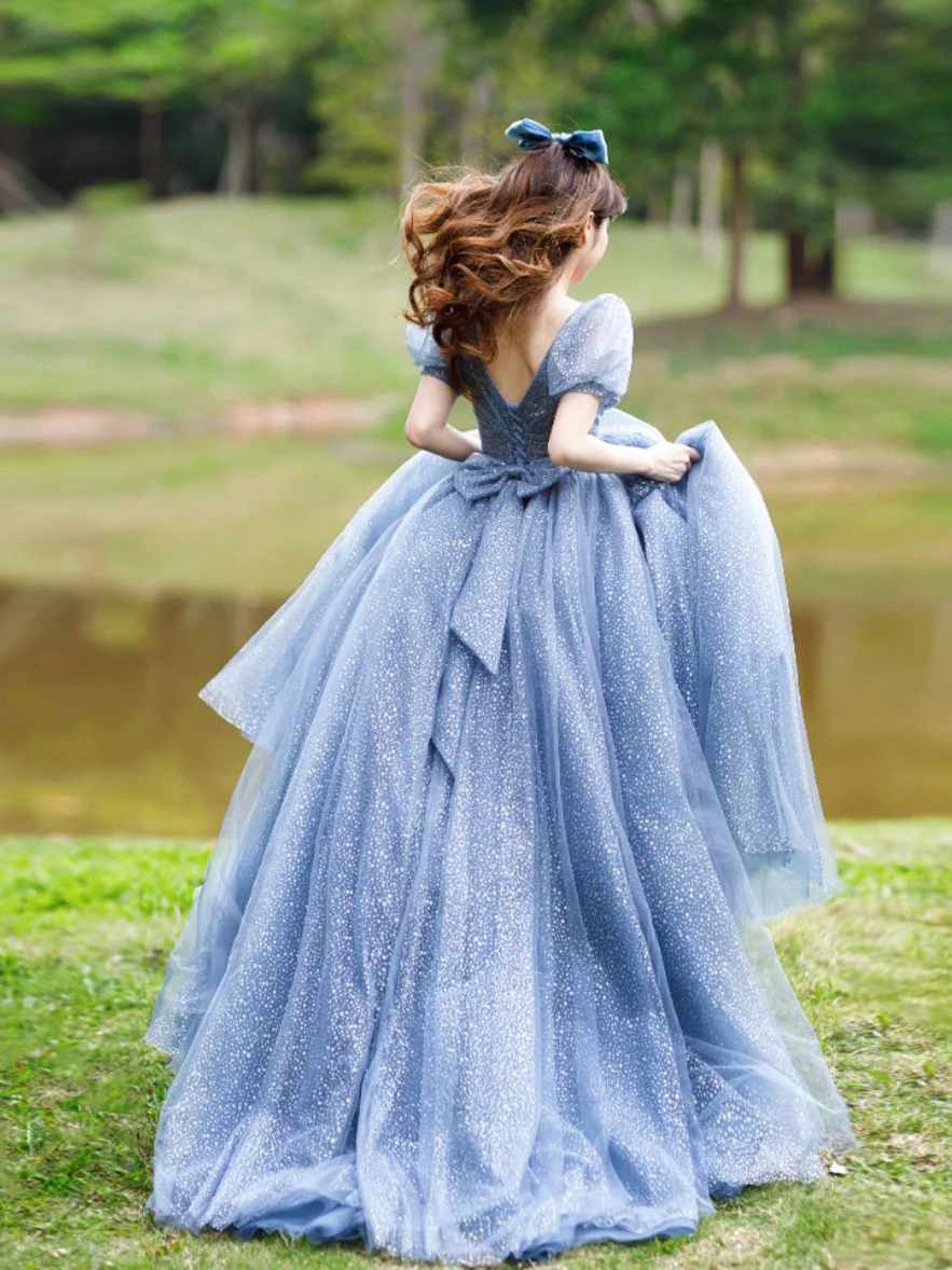 Blue Tulle V Neck Tulle Long Prom Dress, Blue Sweet 16 Dress fg6785