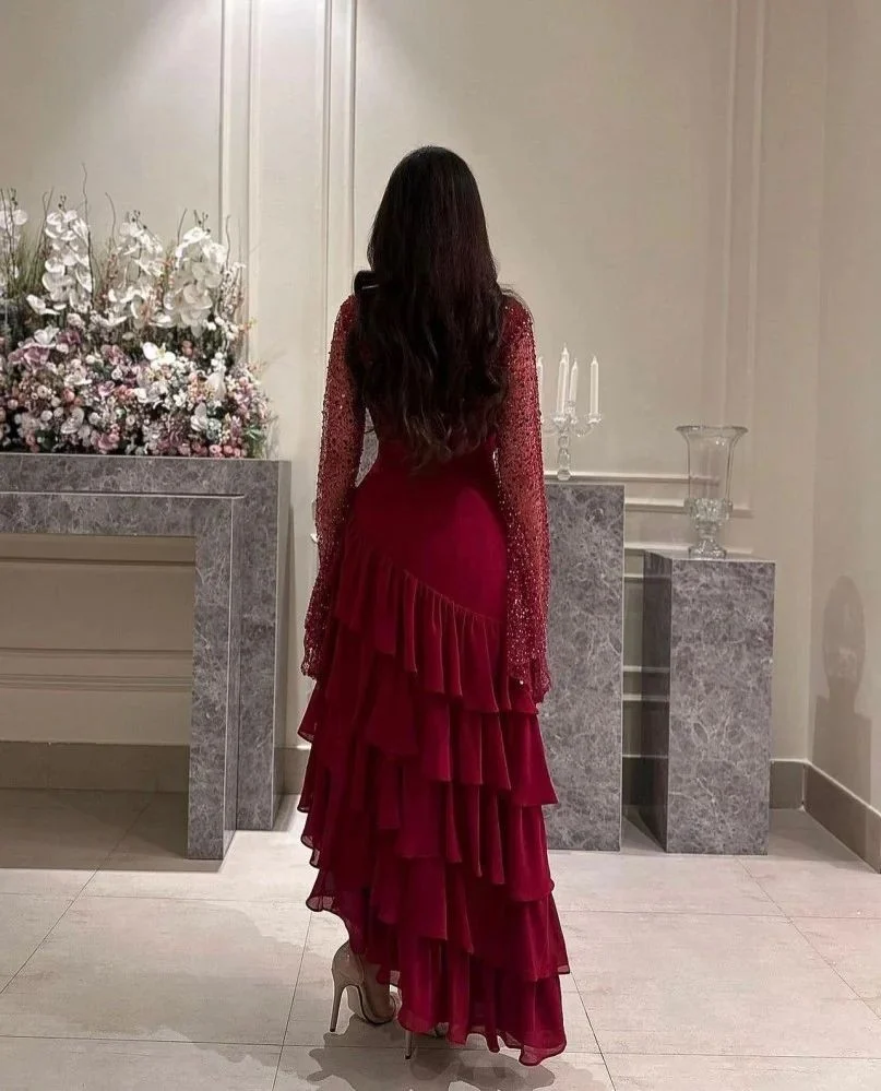Women's Ankle Length Sequin Dress O Neck Tiered Burgundy Evening Dress fg6730