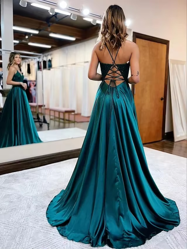 Elegant long a-line satin prom dresses v-neck split formal gown with lace appliques fg3390