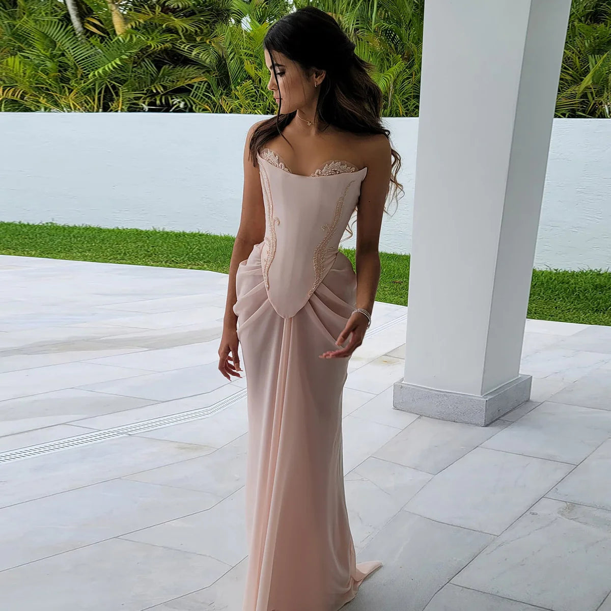 Pink vintage elegant beaded chiffon evening dress fg7371