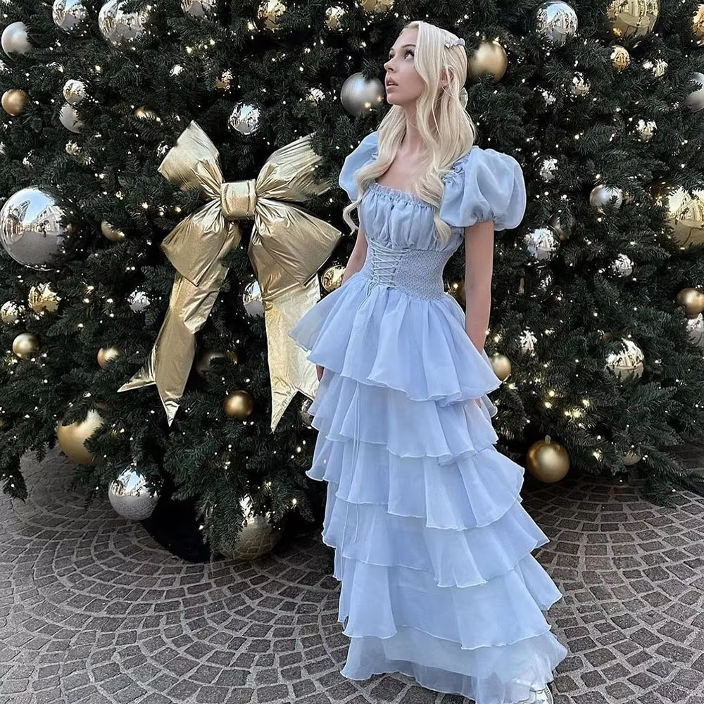 Sky Blue Tiered Skirt Prom Dress Puff Short Sleeves Formal Party Evening Gown fg7259