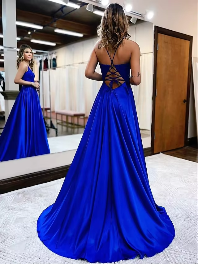 Elegant long a-line satin prom dresses v-neck split formal gown with lace appliques fg3390