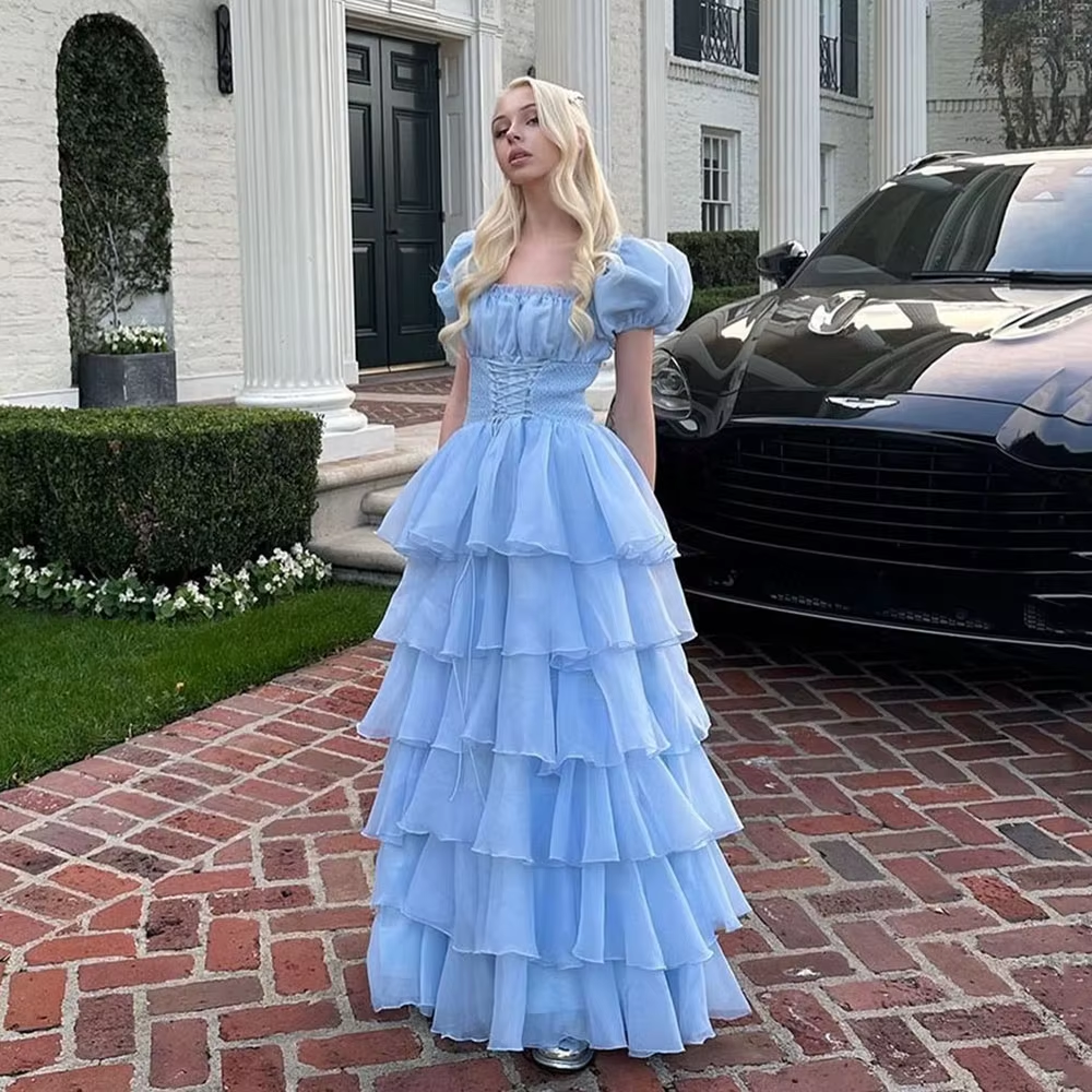 Sky Blue Tiered Skirt Prom Dress Puff Short Sleeves Formal Party Evening Gown fg7259