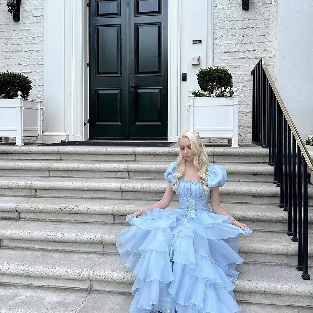 Sky Blue Tiered Skirt Prom Dress Puff Short Sleeves Formal Party Evening Gown fg7259