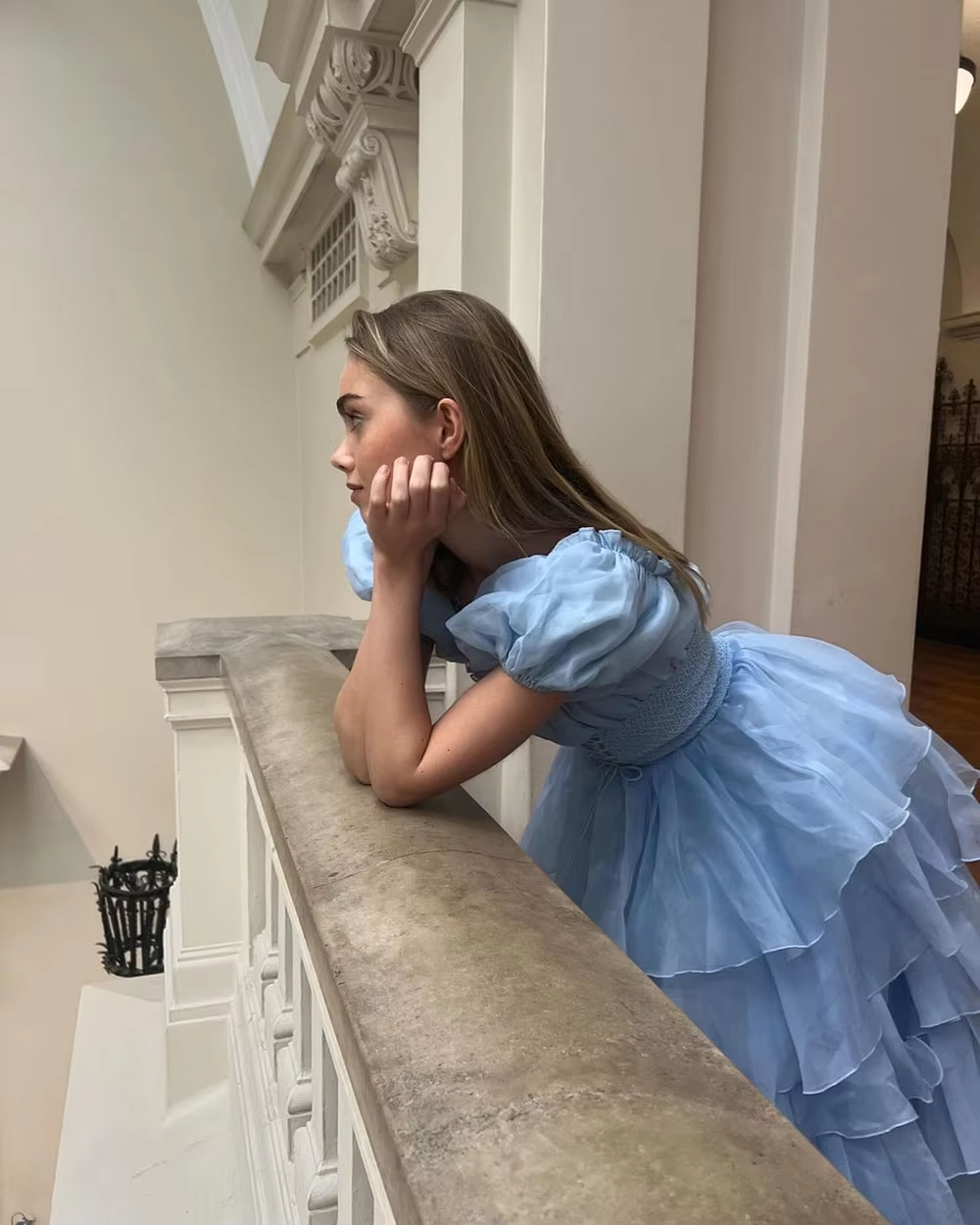 Sky Blue Tiered Skirt Prom Dress Puff Short Sleeves Formal Party Evening Gown fg7259