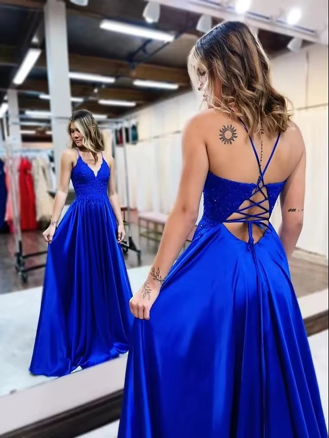 Elegant long a-line satin prom dresses v-neck split formal gown with lace appliques fg3390