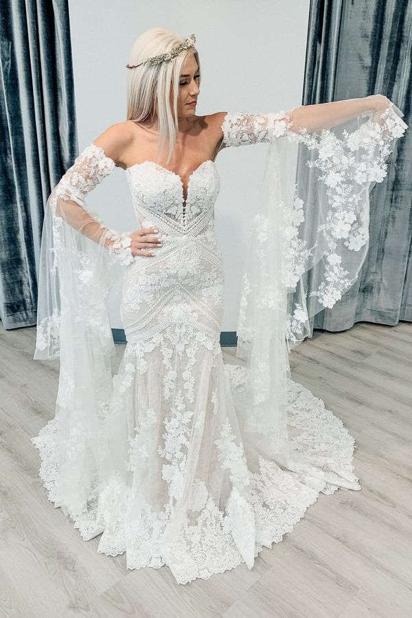 Bell Sleeves Lace Wedding Dresses Sweetheart Mermaid Bridal Gowns fg7251