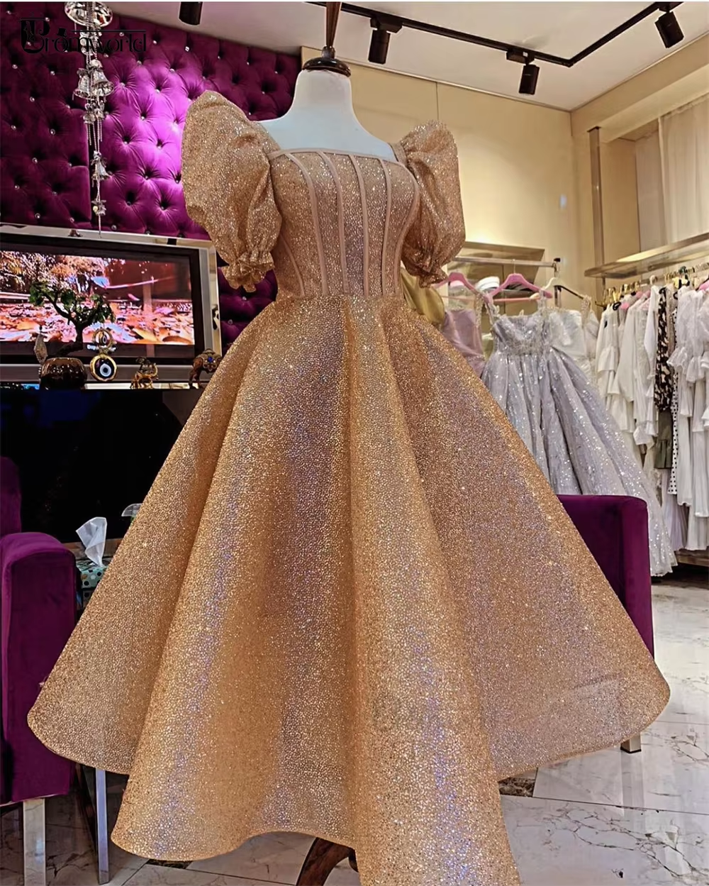 Glitter Champagne Sequined Prom Dresses Puff Short Sleeves Square Neck Ankle Length A Line Formal Evening Gowns fg4725