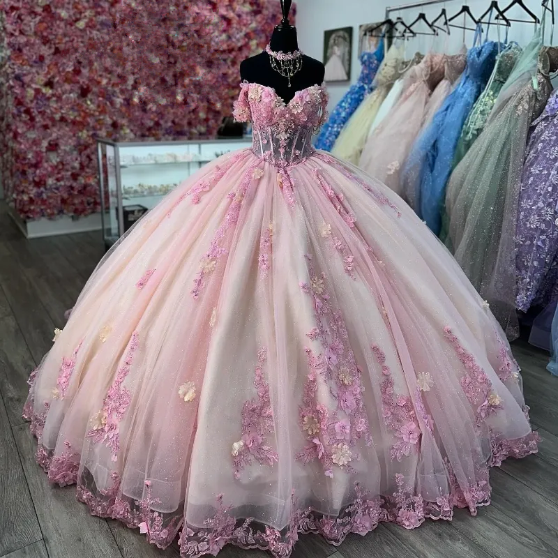 Quinceanera Ball Gown Pink Lace Applique 3D Floral Flower Off Shoulder Sweet 16 Dress fg6738