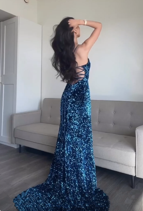 Mermaid Sequin Blue Long Prom Dress, Blue Evening Dress fg6650