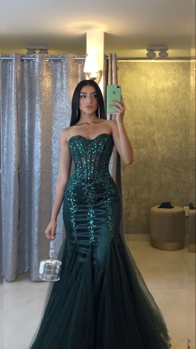 Dark Green Sweetheart Mermad Tulle Sequins Long Prom Dress fg6995