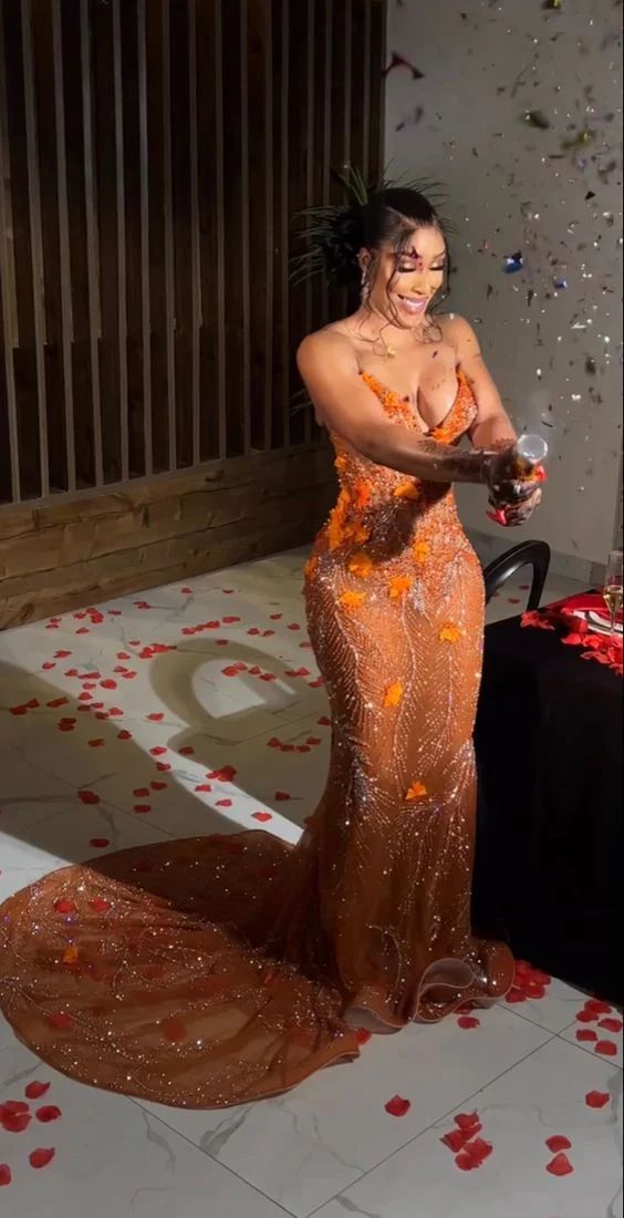 Gorgeous Orange Beaded Applique Mermaid Evening Dress Long Prom Dress fg6981