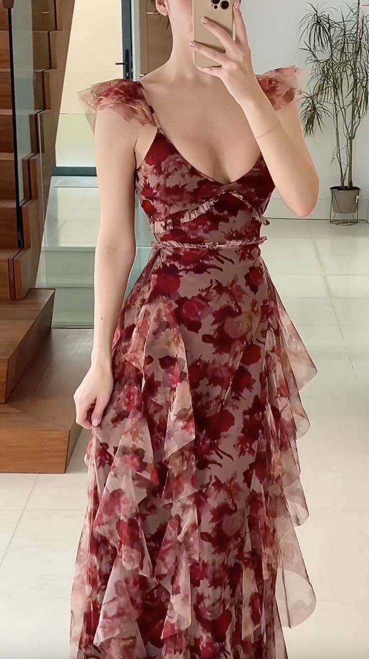 Vintage Chiffon Print Irregular Ruffles Long Prom Dress A Line Evening Party Dress fg7034