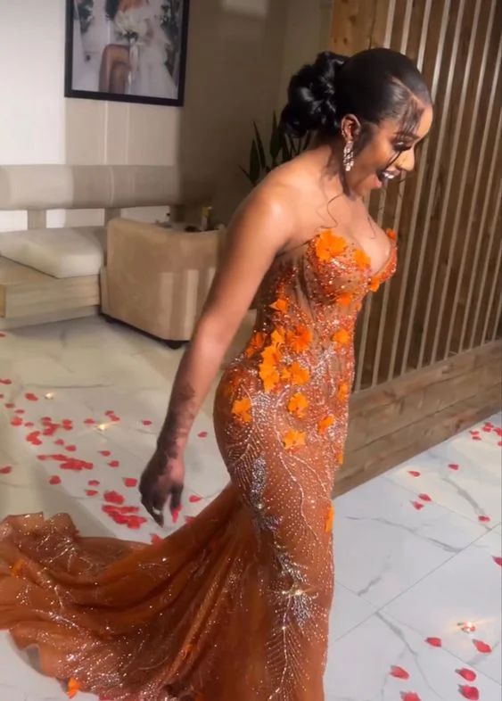 Gorgeous Orange Beaded Applique Mermaid Evening Dress Long Prom Dress fg6981