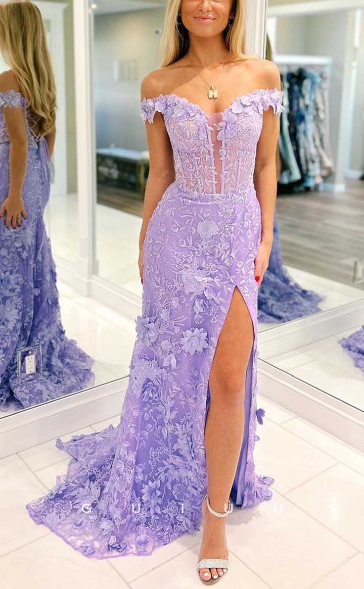 Off The Shoulder Floral Lace Long Prom Dress With Split fg6976