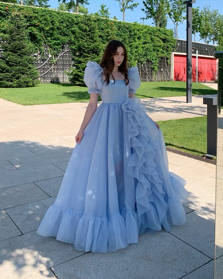 Blue Prom Dresses Short Puff Sleeves Ruffles Prom Party Gowns Princess Formal Dresses fg7221