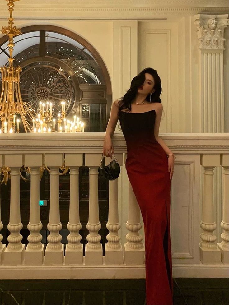 Sexy Mermaid Strapless Ombre Burgundy Satin Slit Long Prom Dresses Birthday Outfits fg7027