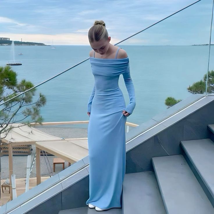 off shoulder long dress elegant tight long sleeves casual gowns fg7068