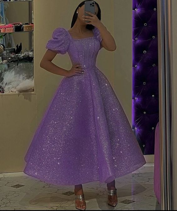 Glitter Champagne Sequined Prom Dresses Puff Short Sleeves Square Neck Ankle Length A Line Formal Evening Gowns fg4725