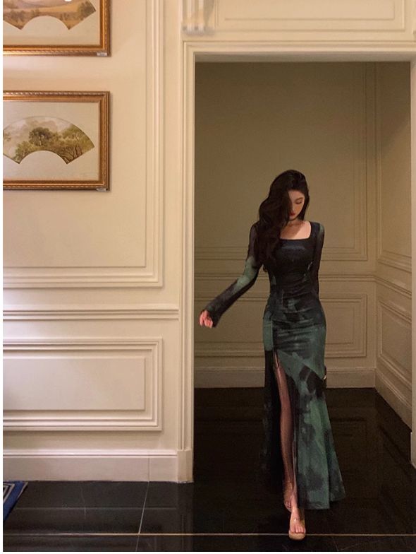 Chic Sheath Square Neckline Long Sleeves Green Long Prom Dresses Birthday Dress fg7033