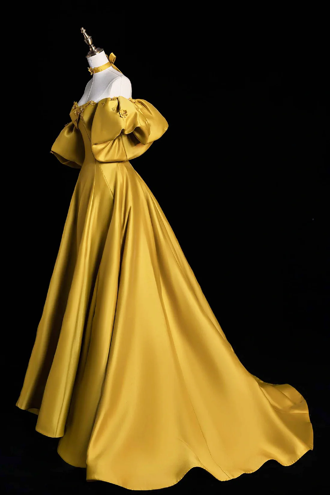Yellow Satin Lace Long Prom Dress, Beautiful A-Line Off the Shoulder Evening Party Dress fg6755