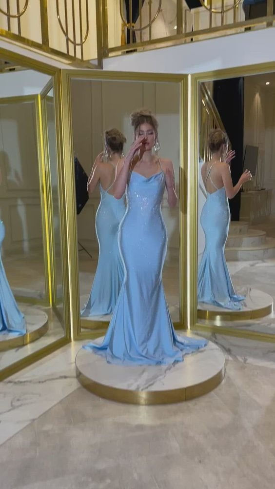 Sky Blue Cross Back Sequins Long Prom Dresses fg6986