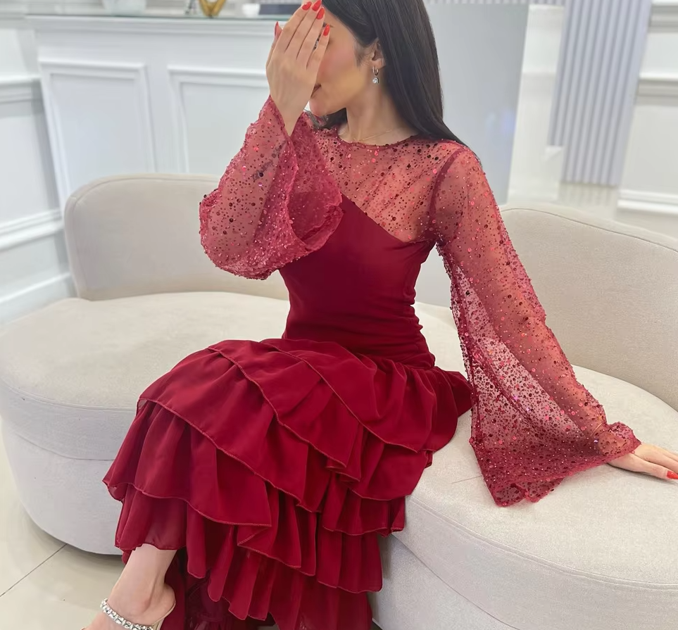 Women's Ankle Length Sequin Dress O Neck Tiered Burgundy Evening Dress fg6730