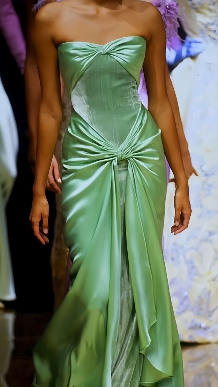 Vintage Strapless Satin Long Green Prom Dresses Evening Dress fg7140