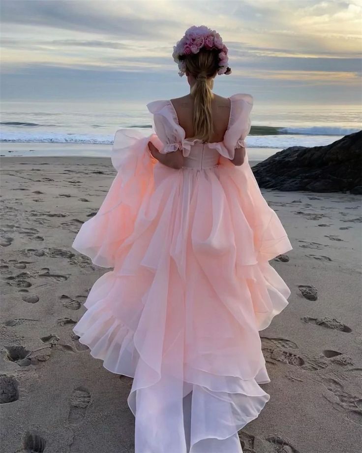 Pink Prom Dresses Short Puff Sleeves Ruffles Prom Party Gowns Princess Formal Dresses fg7218
