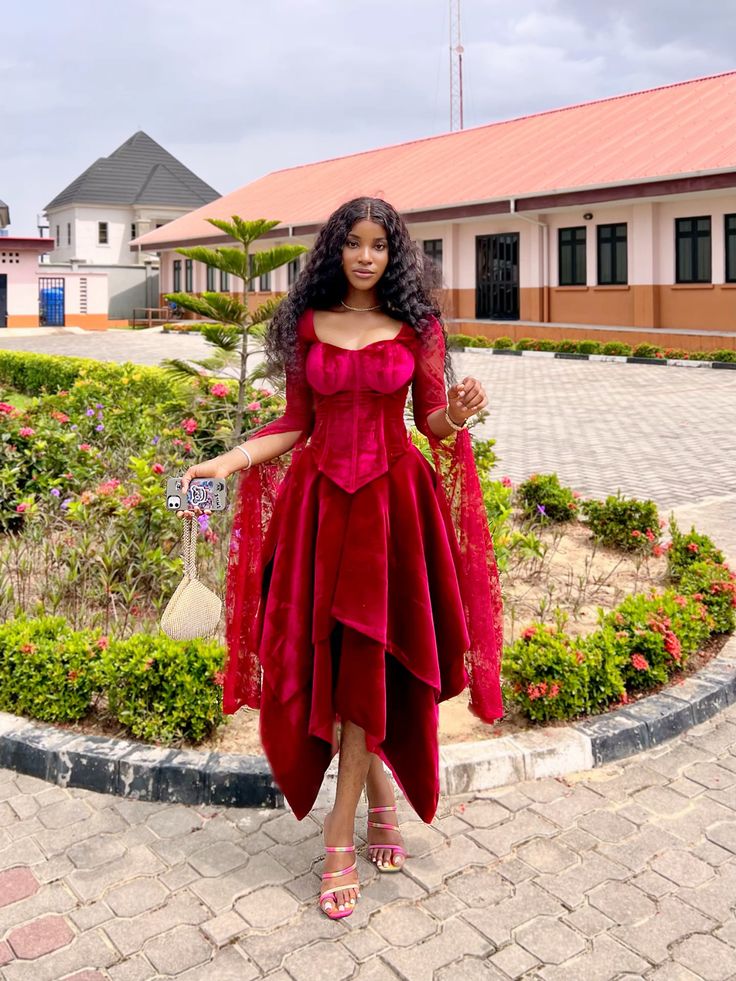 A-line Red Velvet Prom Dress Unique Evening Dress fg6971