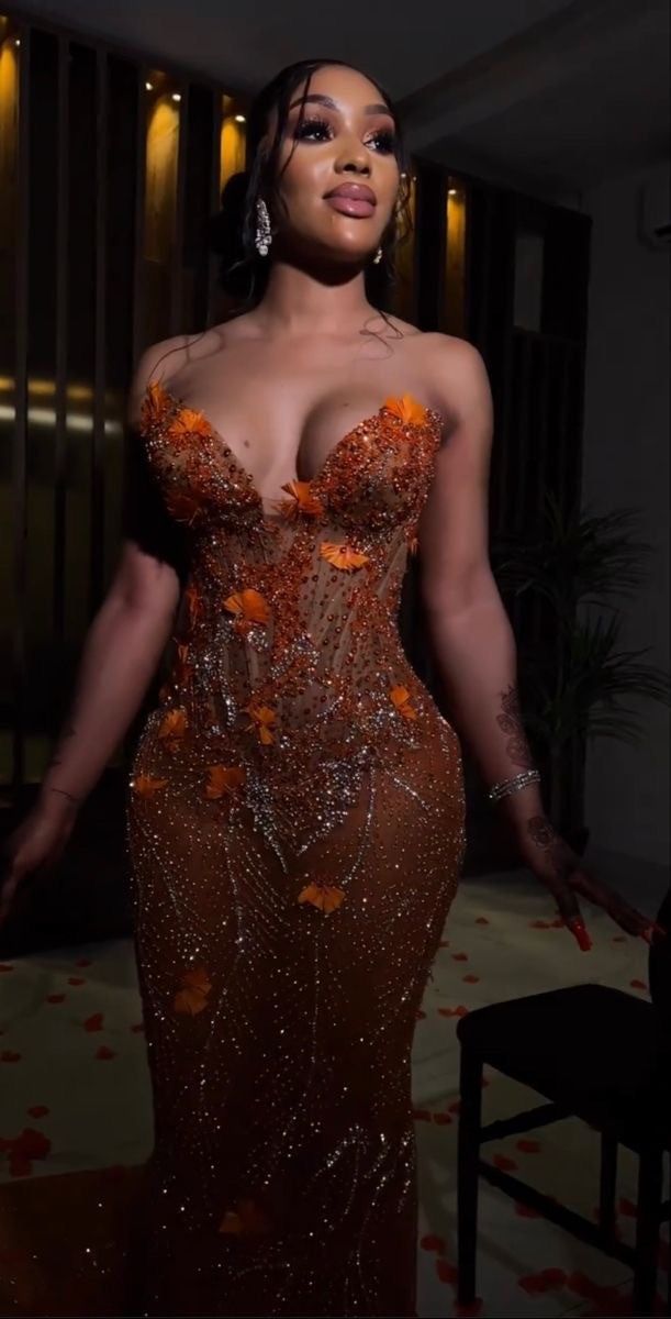 Gorgeous Orange Beaded Applique Mermaid Evening Dress Long Prom Dress fg6981