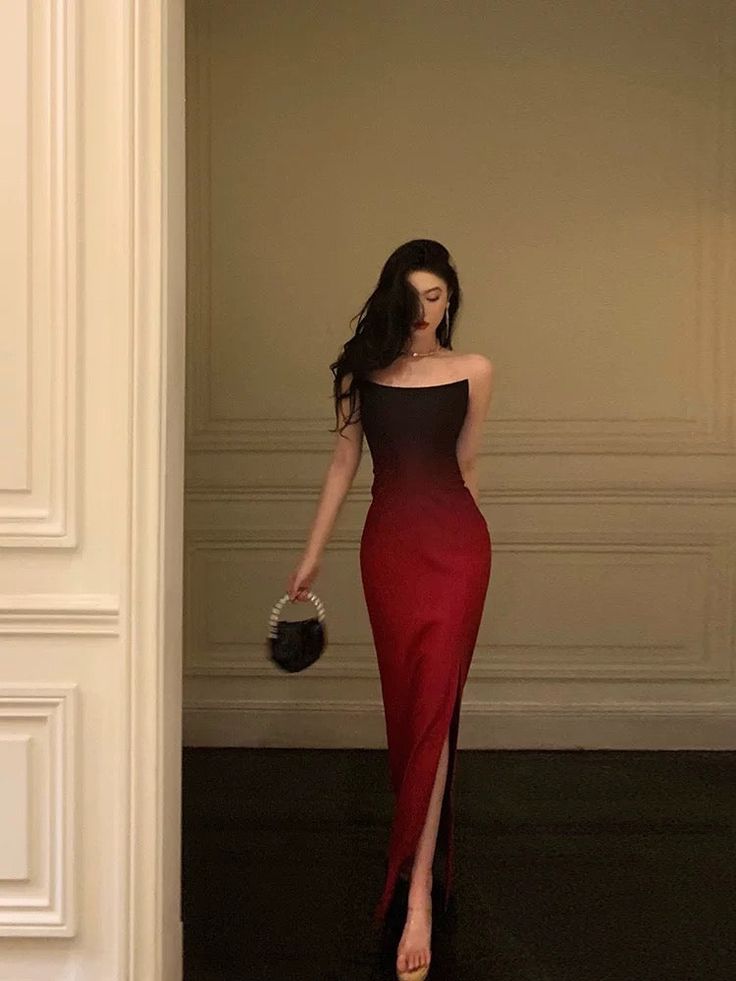 Sexy Mermaid Strapless Ombre Burgundy Satin Slit Long Prom Dresses Birthday Outfits fg7027