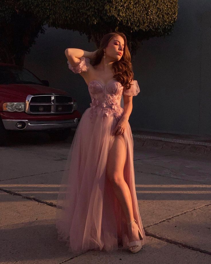 A Line Pink Tulle Long Prom Dresses With Leg Slit, Pink Tulle Long Formal Evening Dresses fg6990